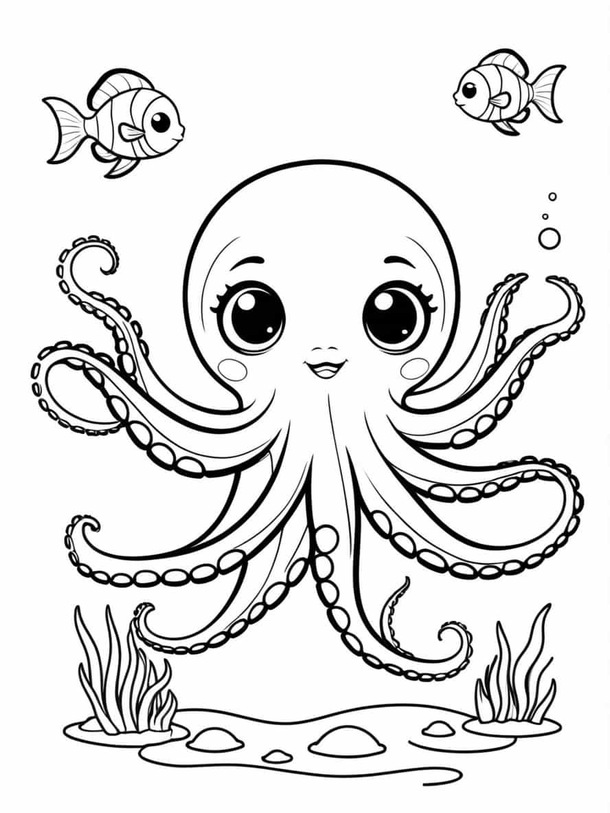 Cute Octopus Swimming With Fish Coloring Pages