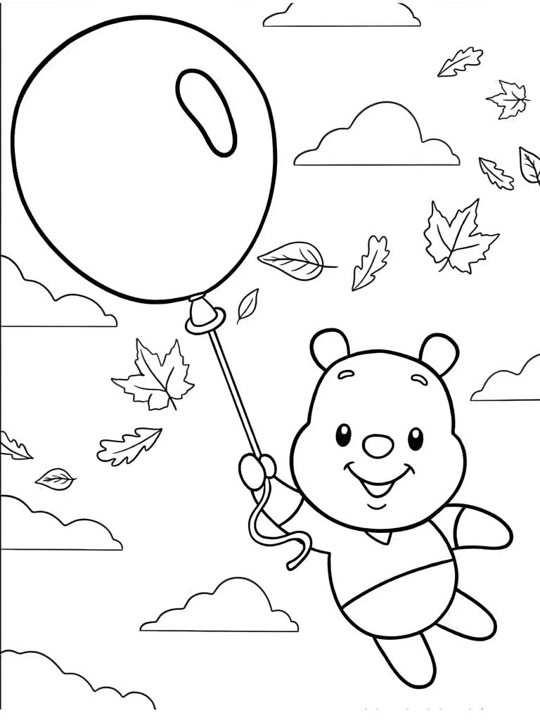 Cute Pooh Fly With Leaves And Balloon Coloring Page