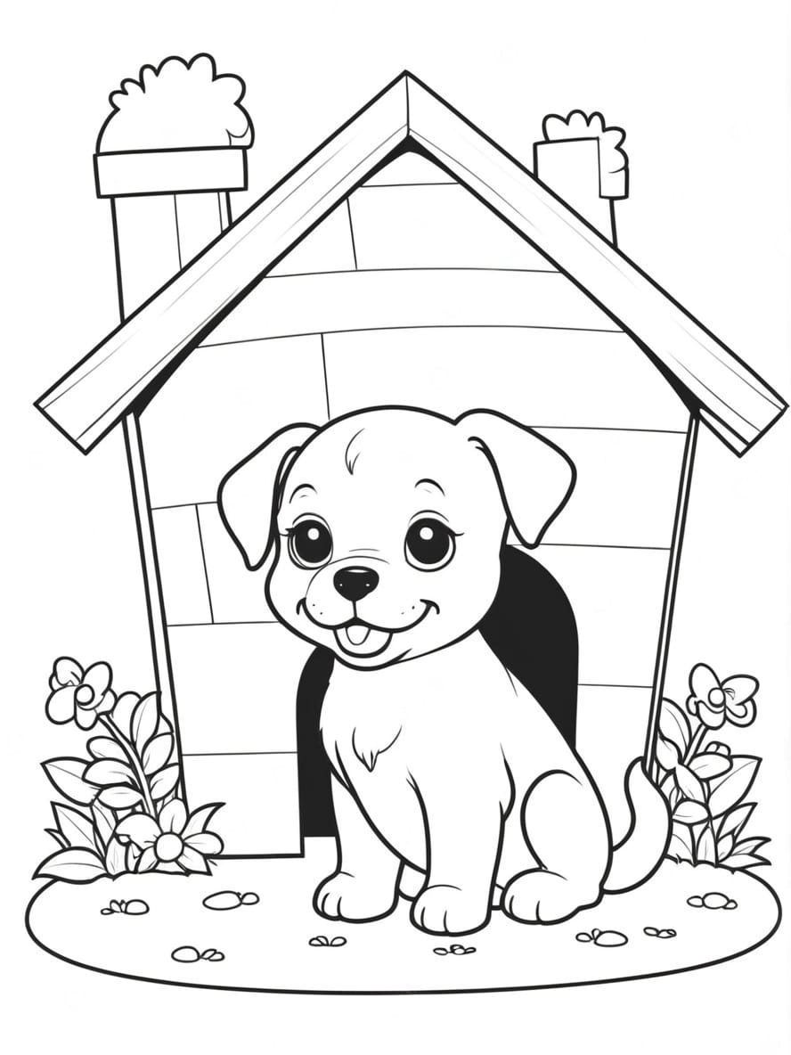 Cute Puppy In Front Of Dog House Coloring Pages