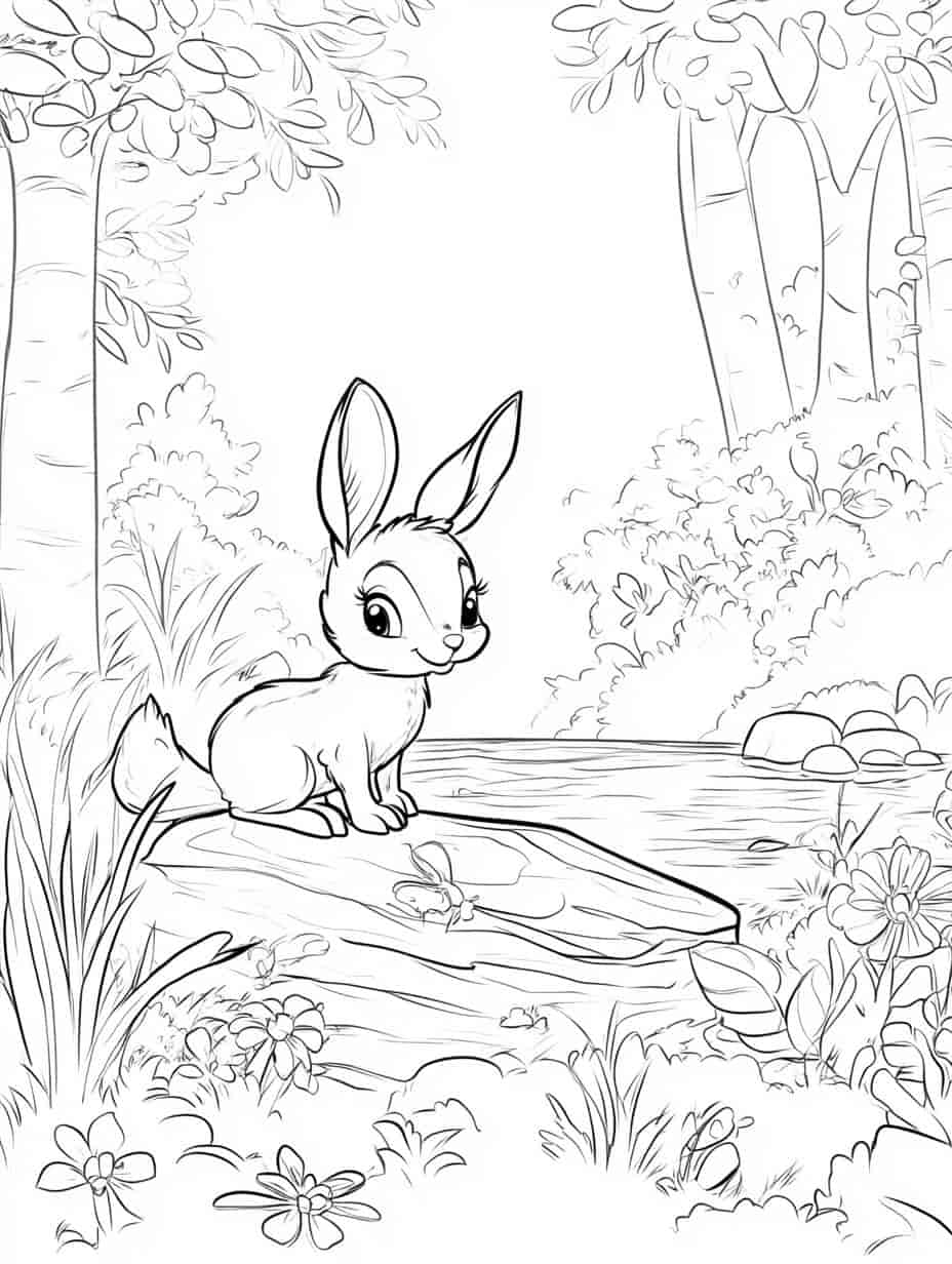 Cute Rabbit At A Riverbank Coloring Pages