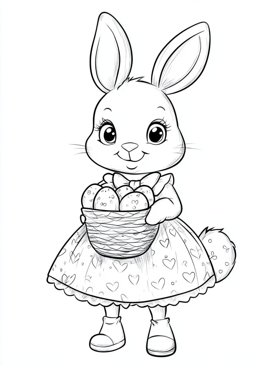 Cute Rabbit In A Dress With Easter Eggs Coloring Pages