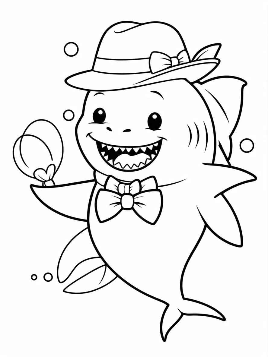 Cute Shark With Mustache Bowtie And Hat Coloring Pages