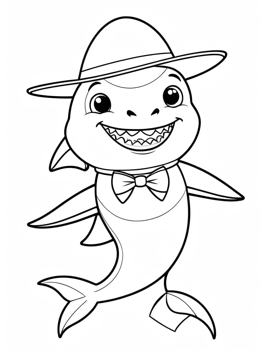 Cute Shark With Mustache Bowtie And Hat Coloring Sheets