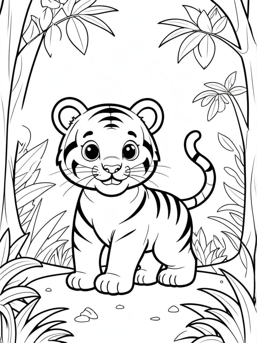 Cute Tiger In Jungle Coloring Sheet