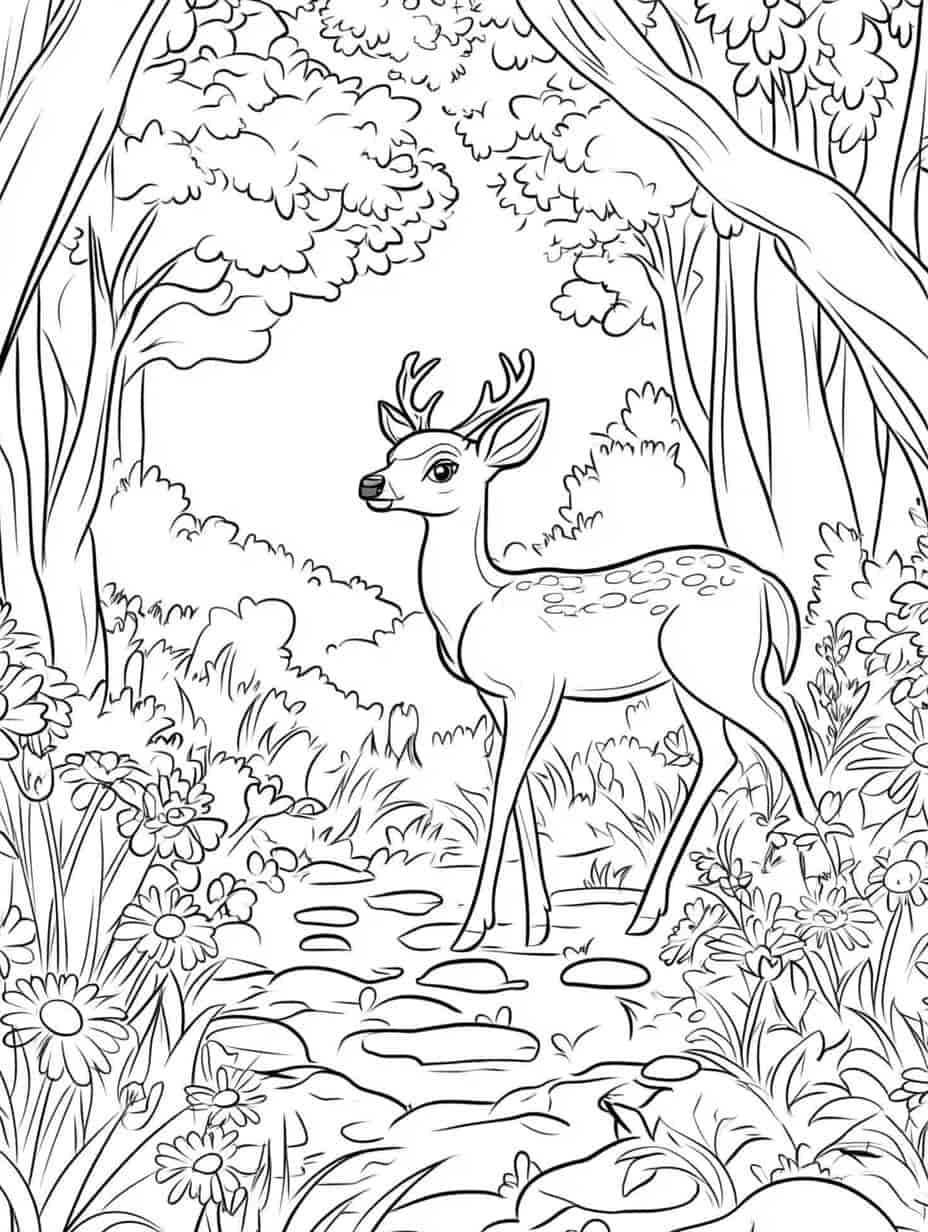 Deer Standing In A Sunlit Forest Clearing Coloring Pages