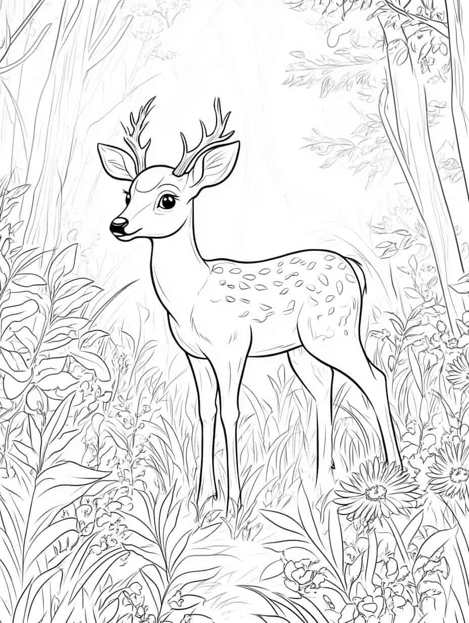 Deer With Tree And Flower Coloring Pages