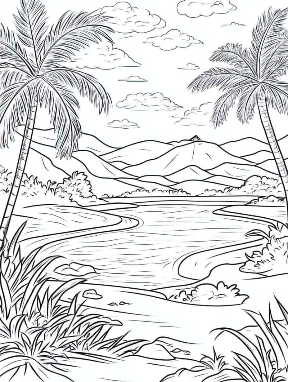 Desert Oasis And Clound Coloring Pages