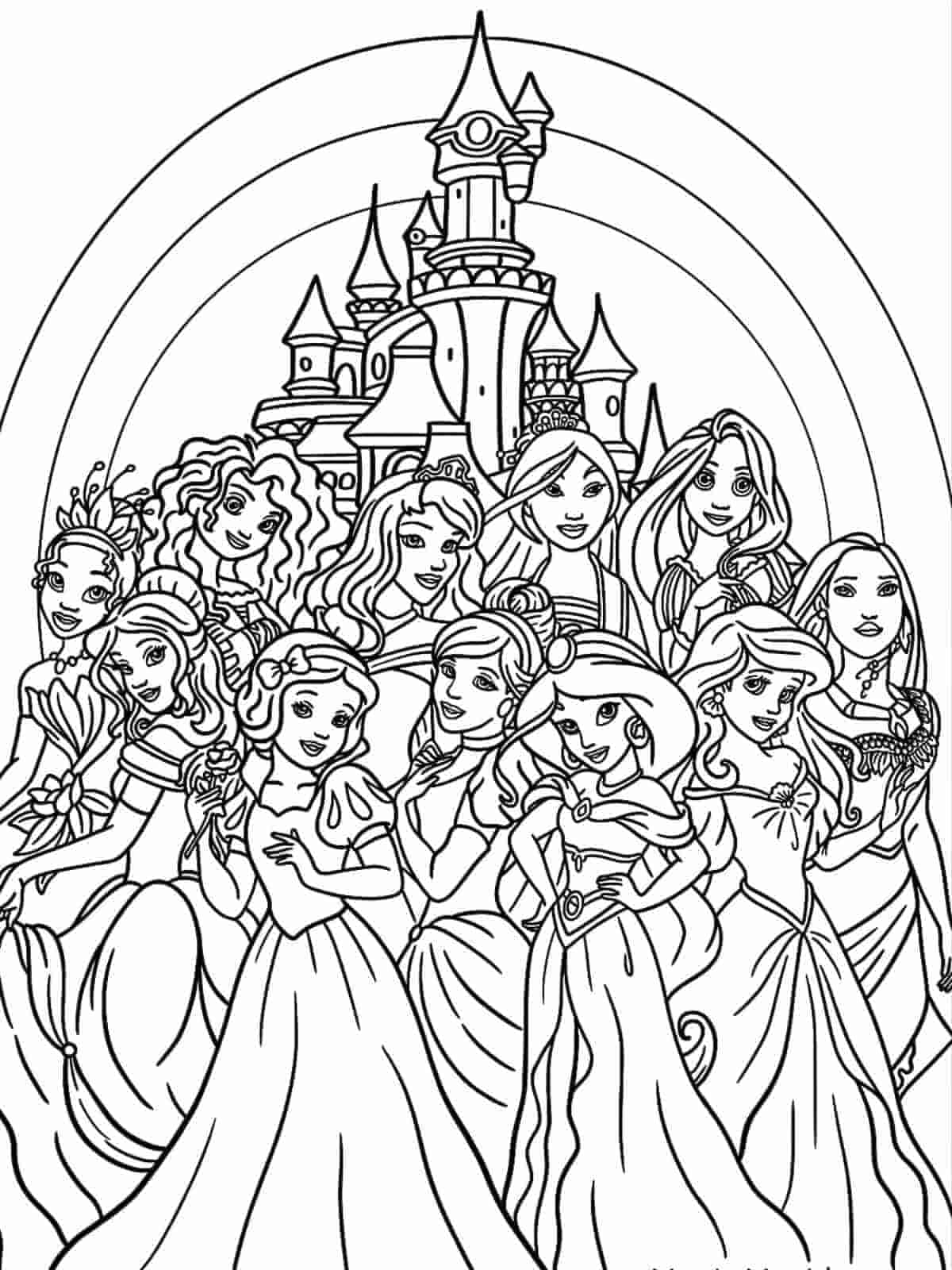 Disney Princesses In Front Of Walt Disney Castle Coloring Page