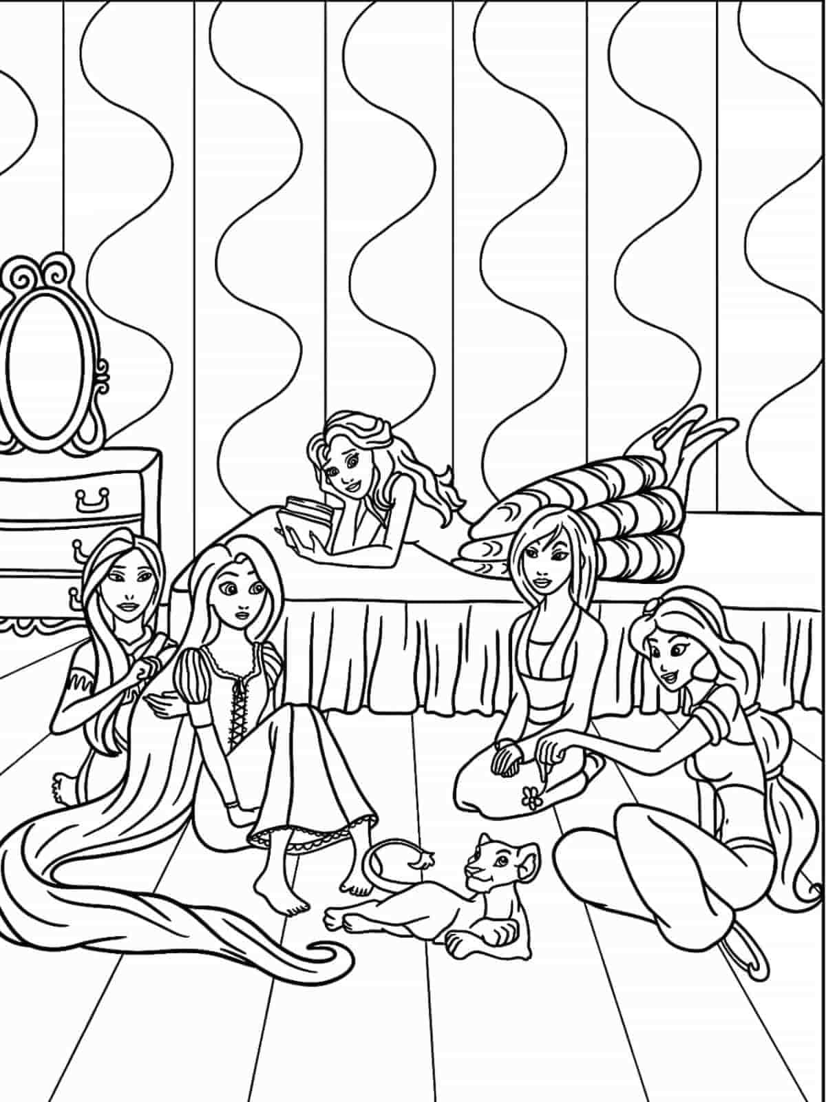 Disney Princesses Sleepover Coloring Page