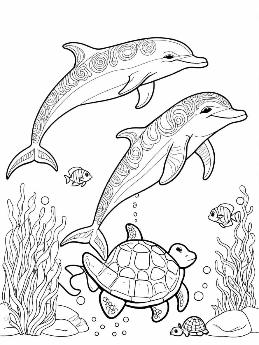 Dolphin Swimming With Fish And Turtle Coloring Pages