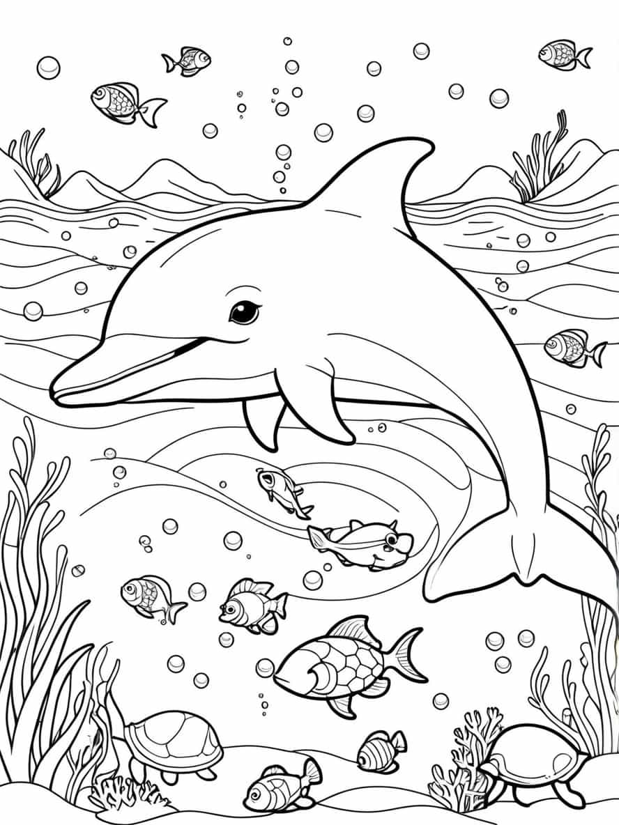 Dolphin Swimming With Fish Coloring Pages