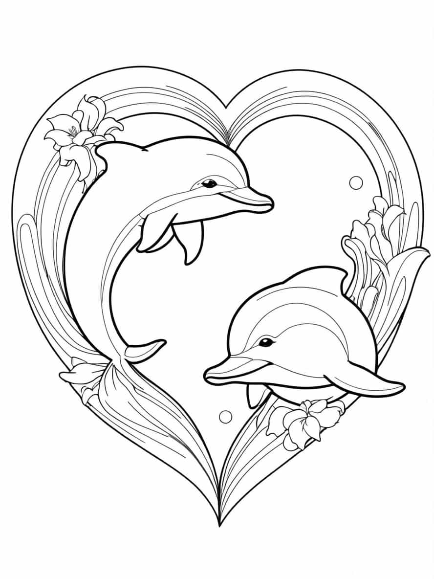 Dolphins Shaped In A Love Heart Coloring Pages