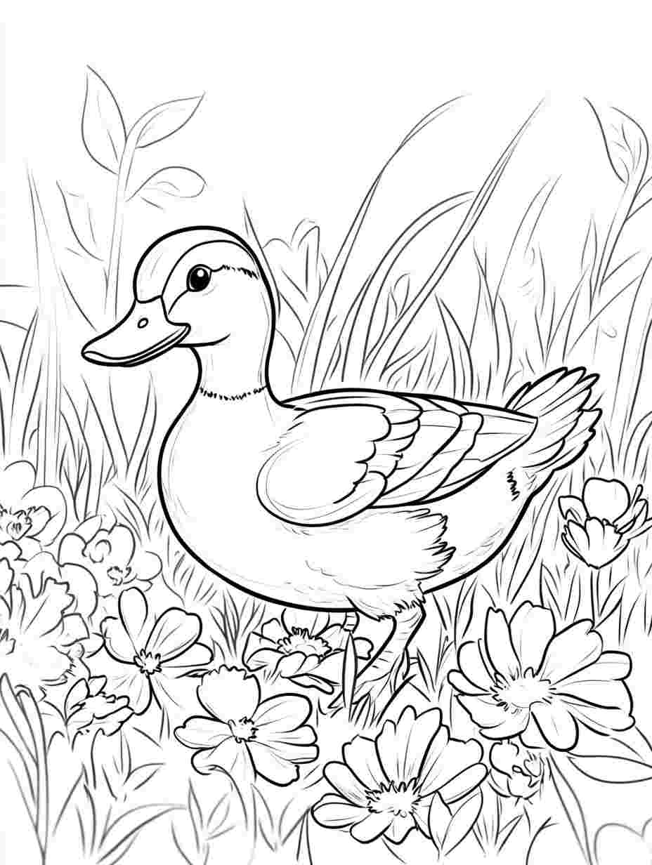 Duck In A Flower Field Coloring Pages