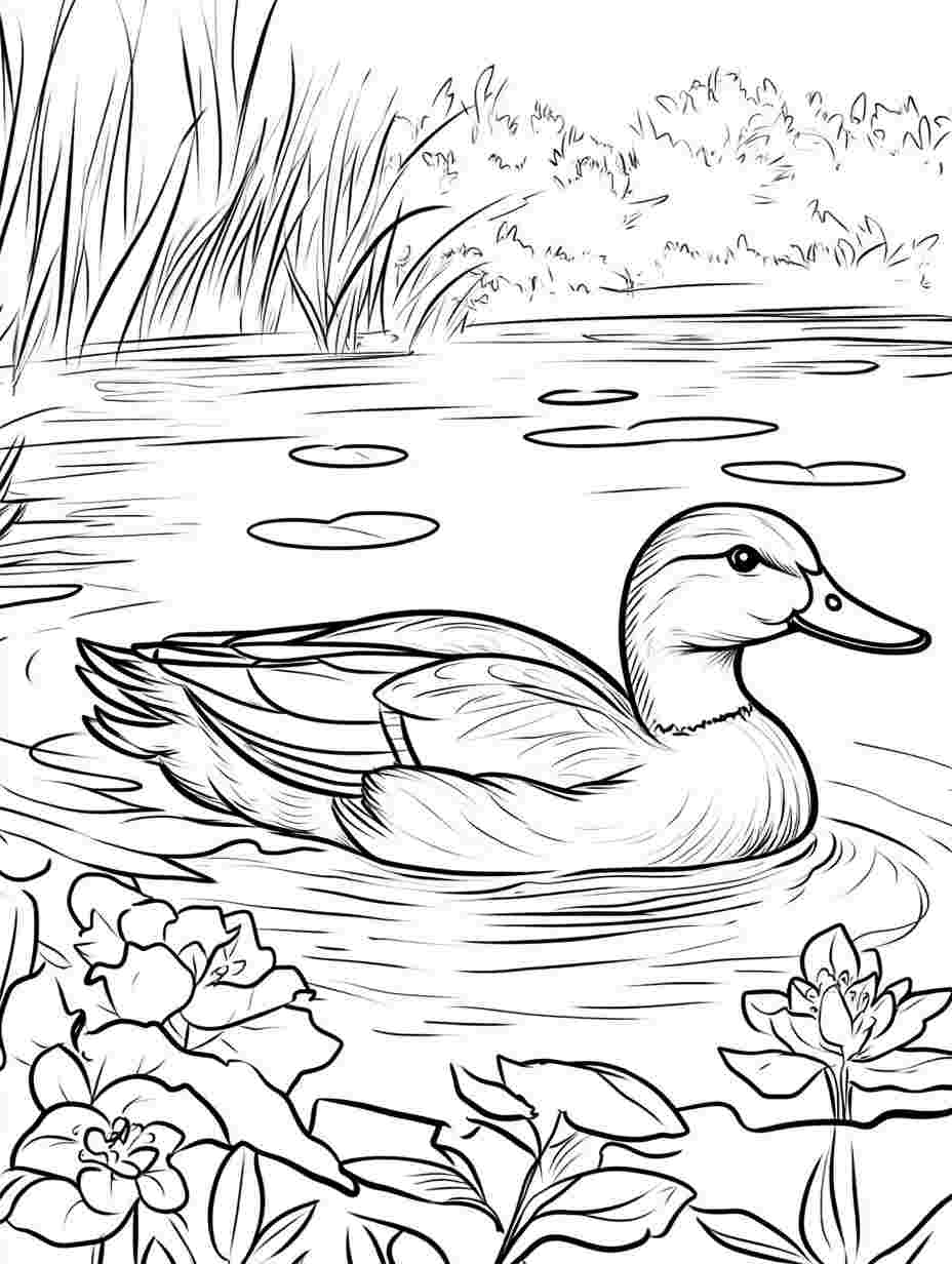 Duck Swimming In A Pond Coloring Pages