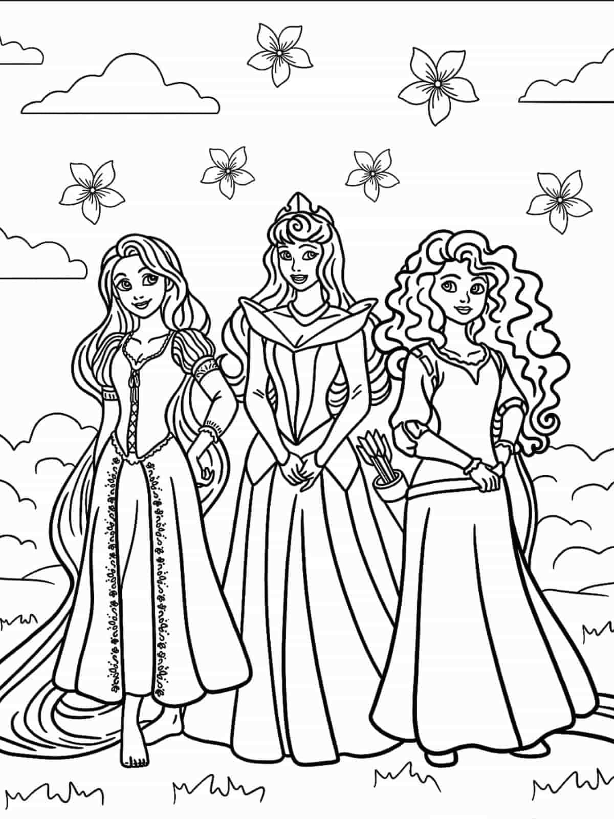 Easy Coloring Page Of Rapunzel Aurora And Merida