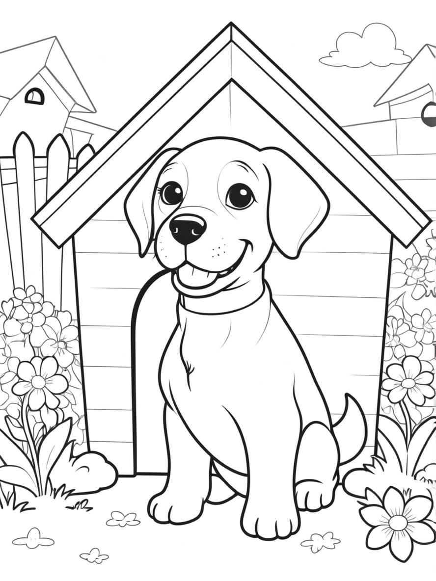 Easy Dog Sitting Beside Dog House Coloring Pages