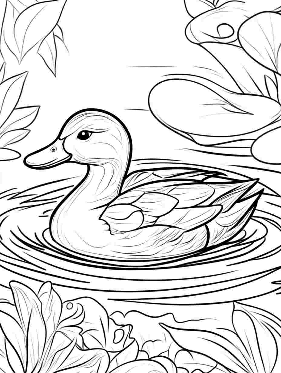 Easy Duck Swimming In A Pond Coloring Pages