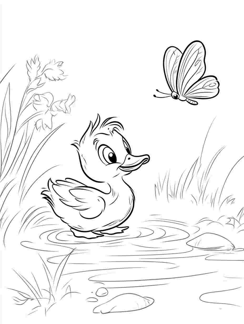 Easy Duck With A Butterfly Coloring Pages