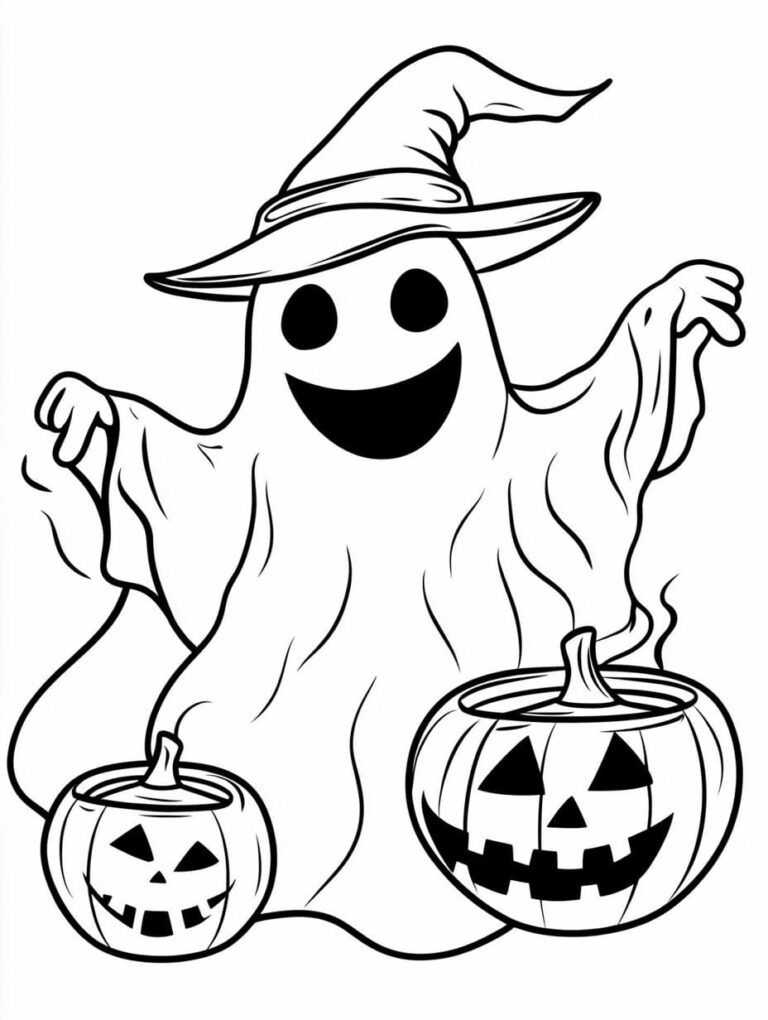 Best ghost coloring pages for halloween - Easy Ghosts And Magic Halloween Coloring Pages 768x1020