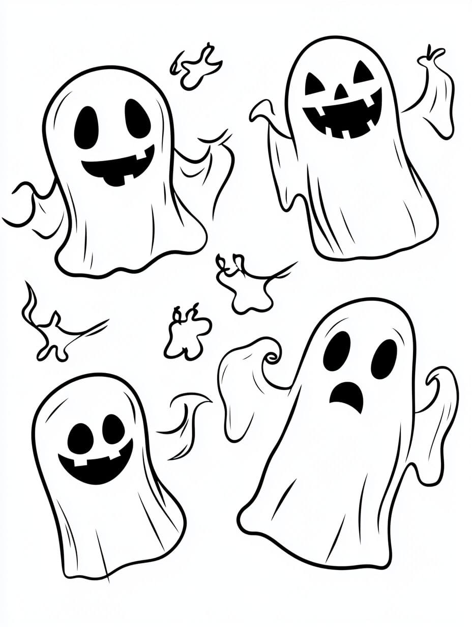 Easy Ghosts With Halloween Creatures Coloring Pages