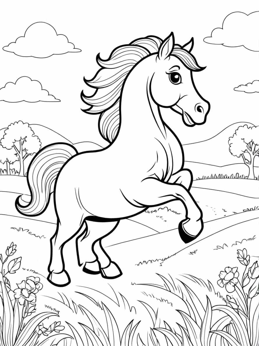 Easy Horse Galloping In Field Coloring Pages