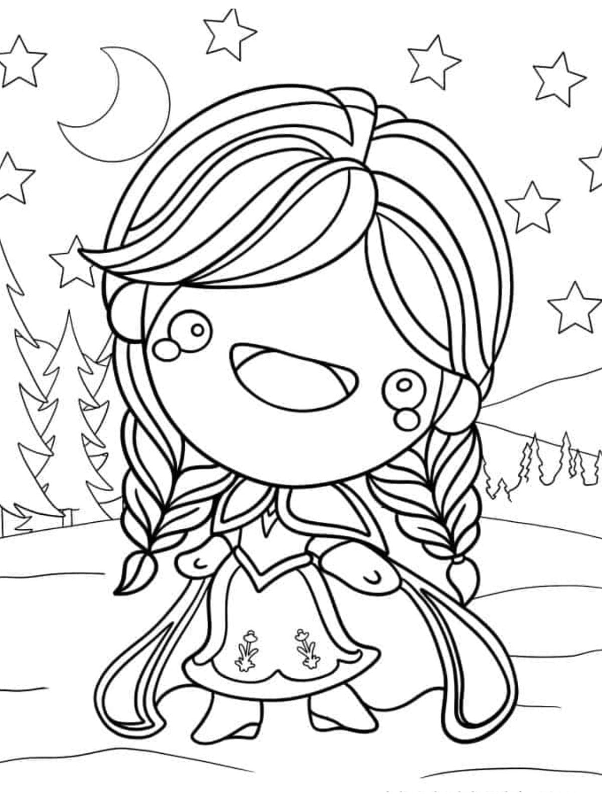 Easy Kawaii Themed Anna Coloring Page