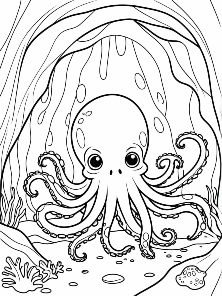 Easy Octopus Hiding In An Underwater Cave Coloring Pages