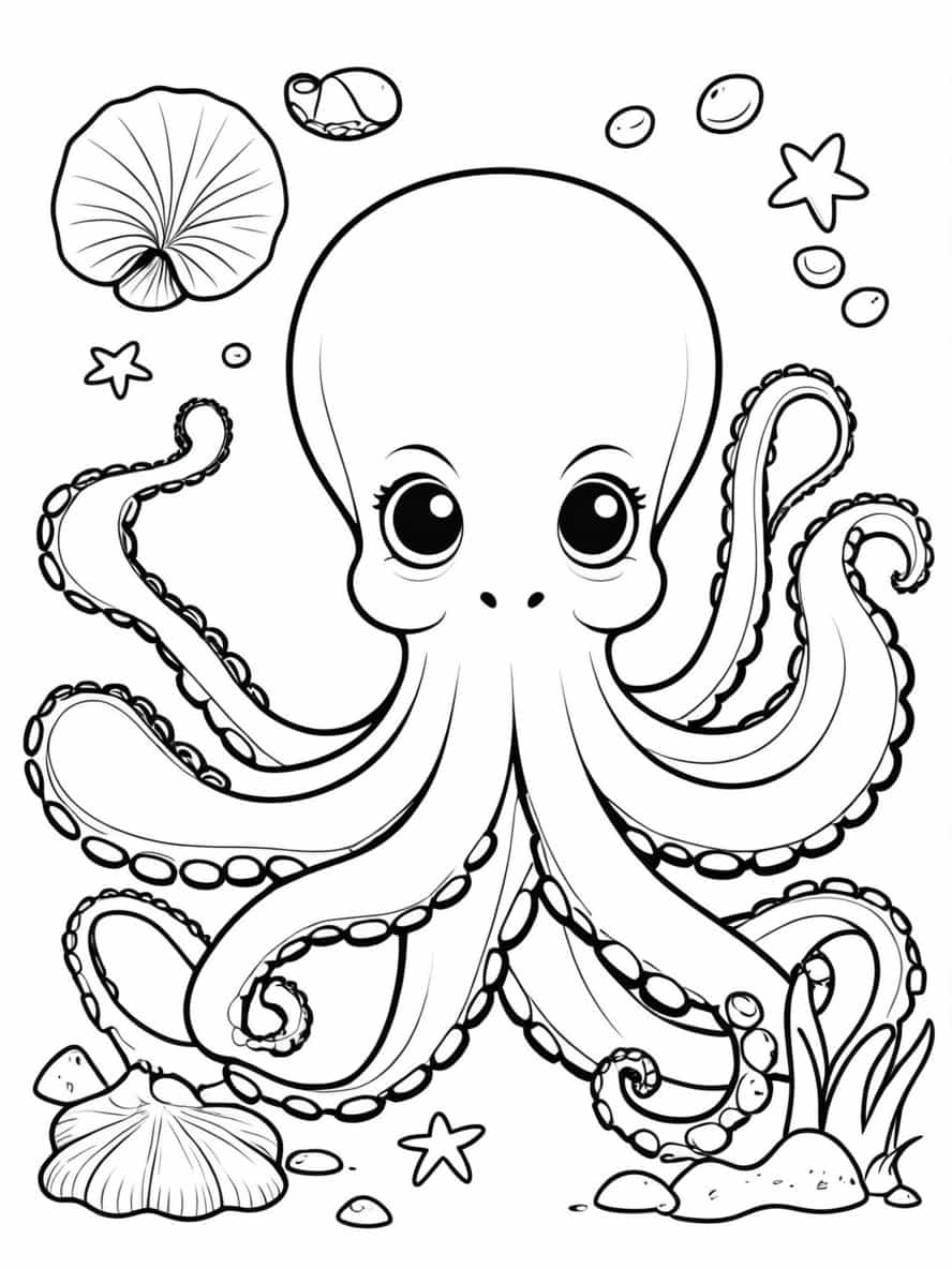 Easy Octopus Holding Seashells With Its Tentacles Coloring Pages