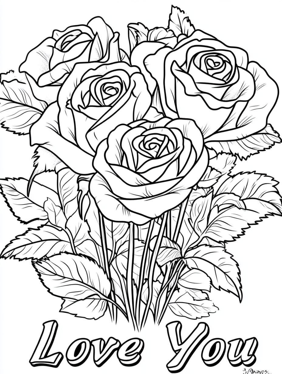 Easy Rose Bouquet Colorable I Love You Coloring Pages