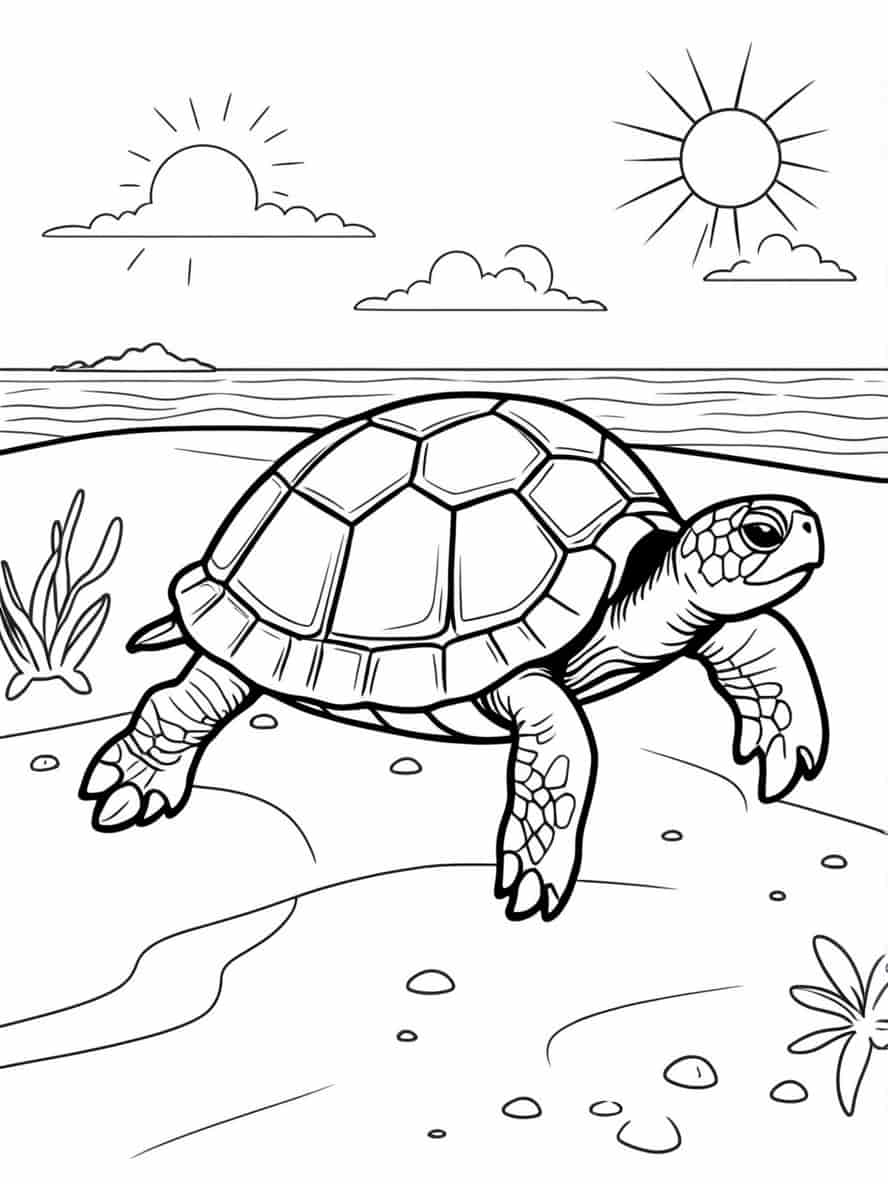 Easy Turtle Sun Baking On Beach Coloring Pages