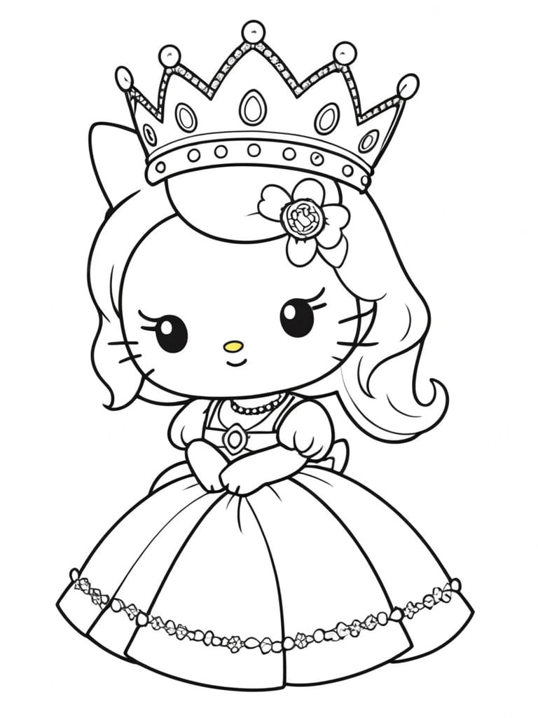 Ello Kitty Wearing Princess Crown Heart Coloring Pages