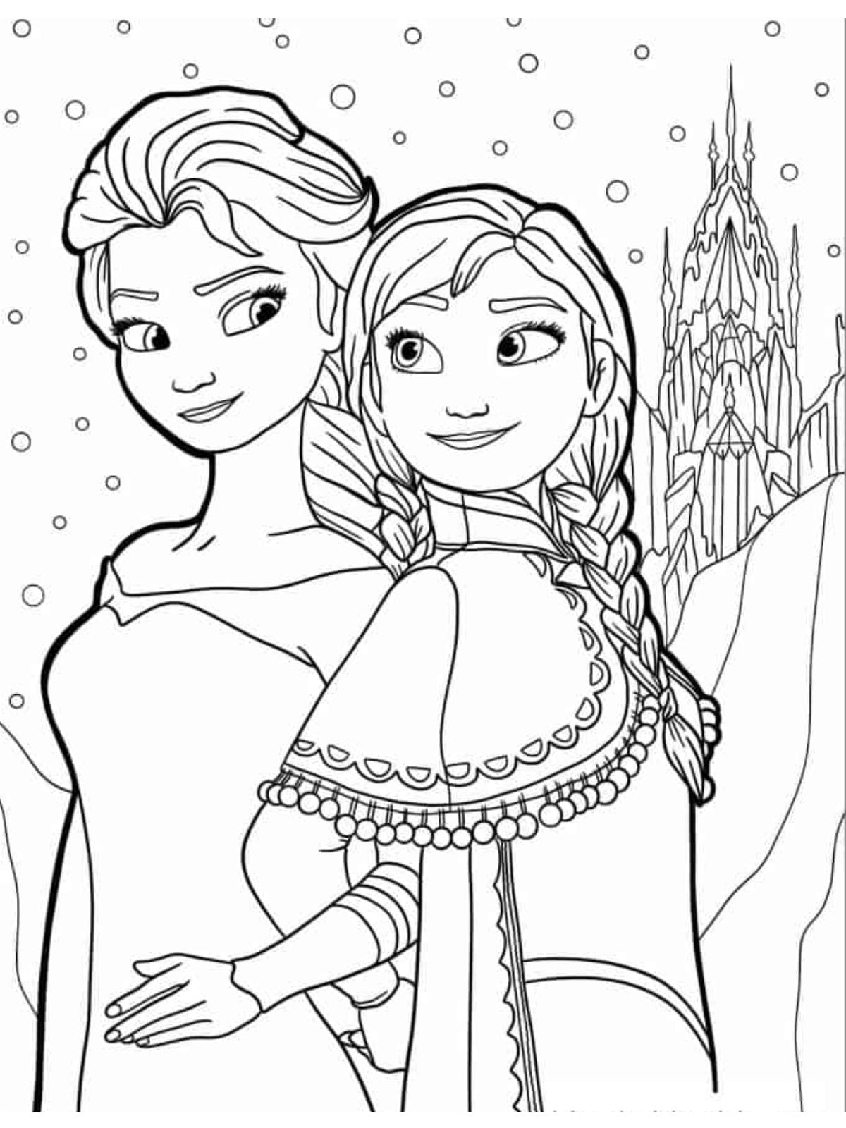 Elsa And Anna With Castle Coloring Sheet