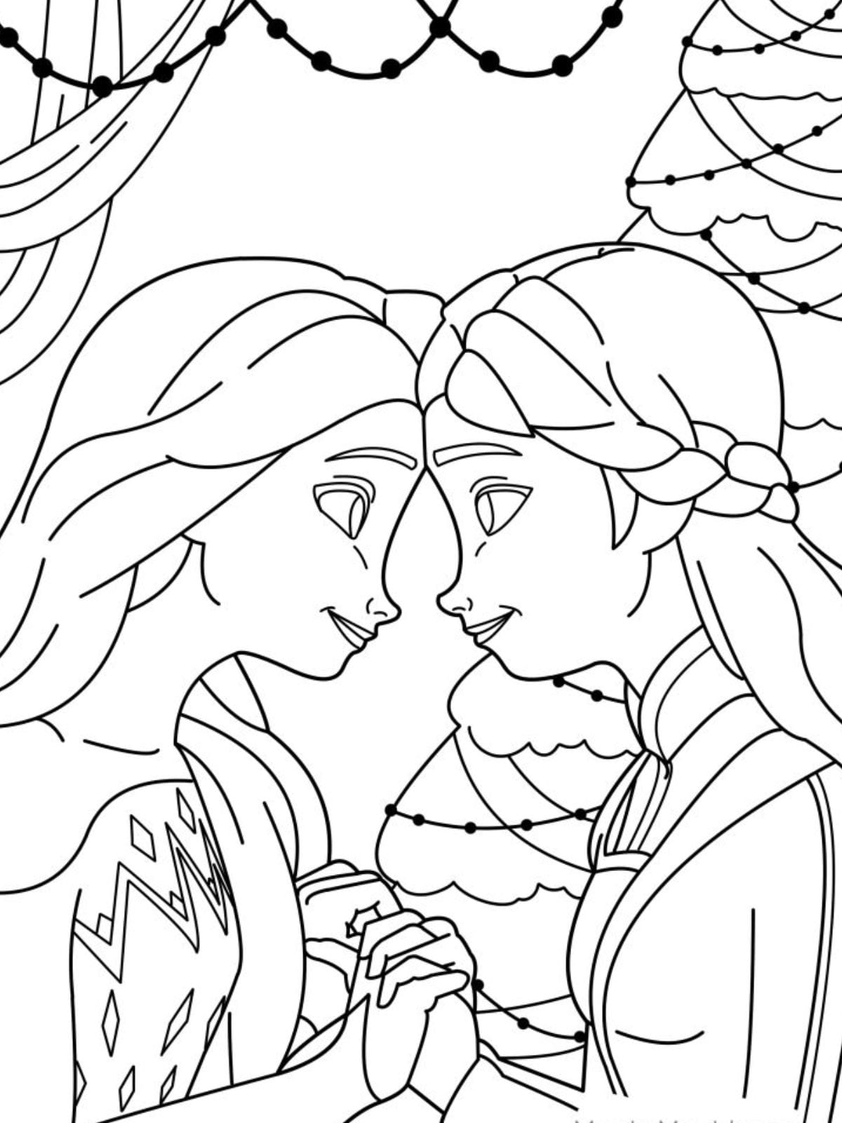 Elsa And Sister Holding Hands Coloring Page