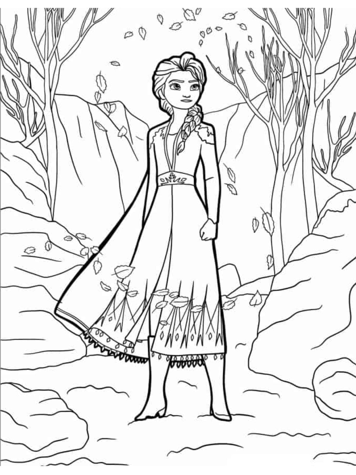 Elsa Standing In Canyon With Swirling Leaves To Coloring Page