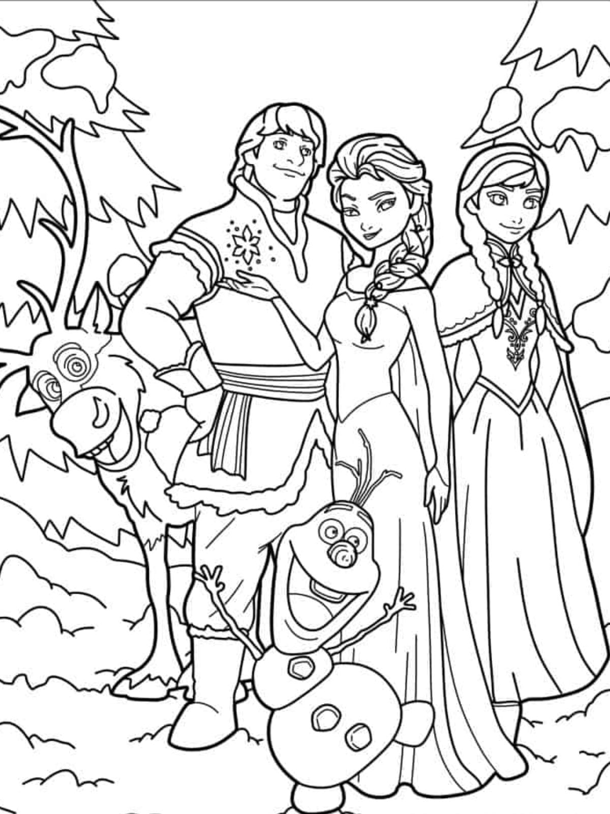 Elsa With Friends From Frozen Coloring Page