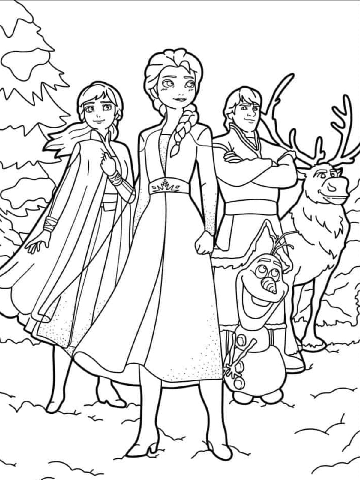 Elsa With Olaf Anna Sven And Kristoff Coloring Page