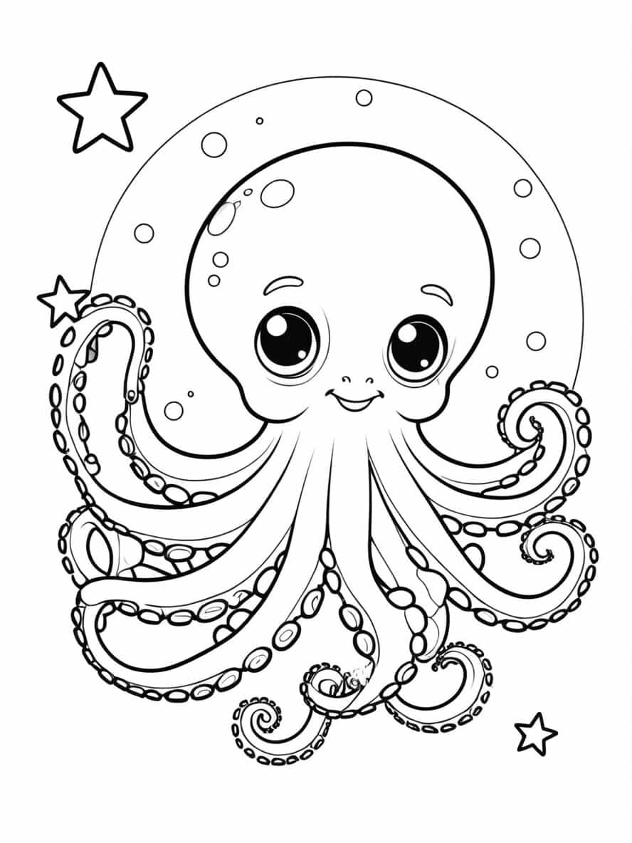 Fantasy Octopus With Magical Stars And Bubbles Coloring Pages