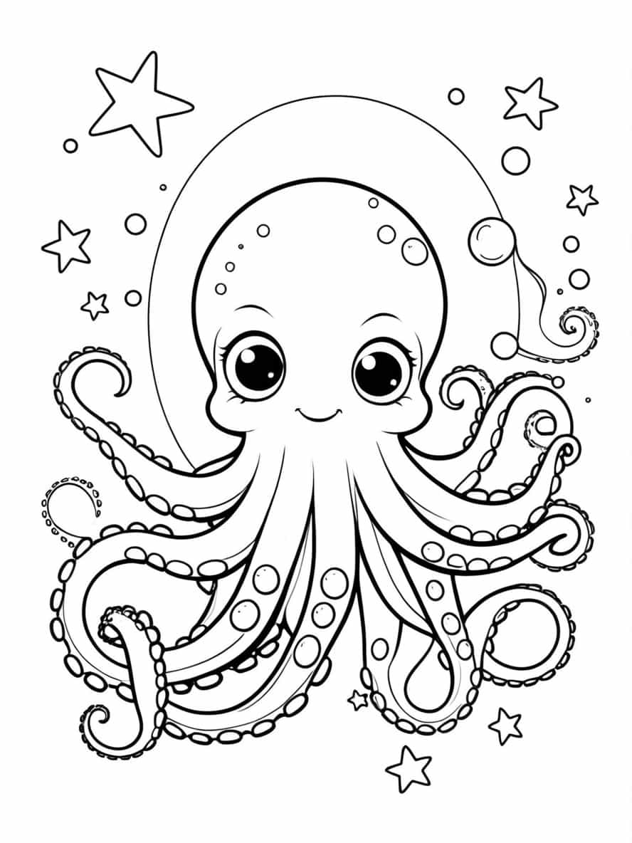 Fantasy Octopus With Magical Stars Coloring Pages