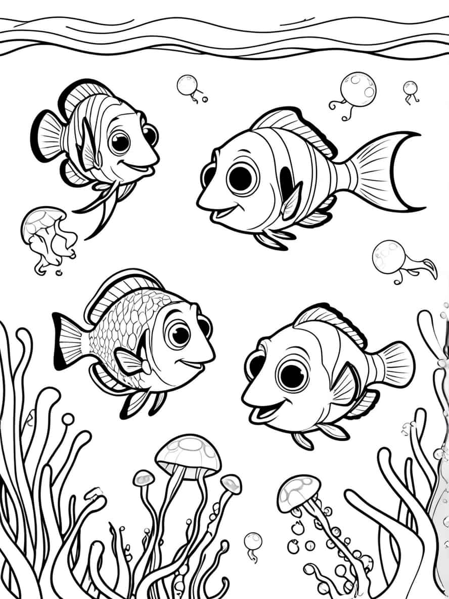 Finding Nemo Dory And Marlin Swimming With Jelly Coloring Pages