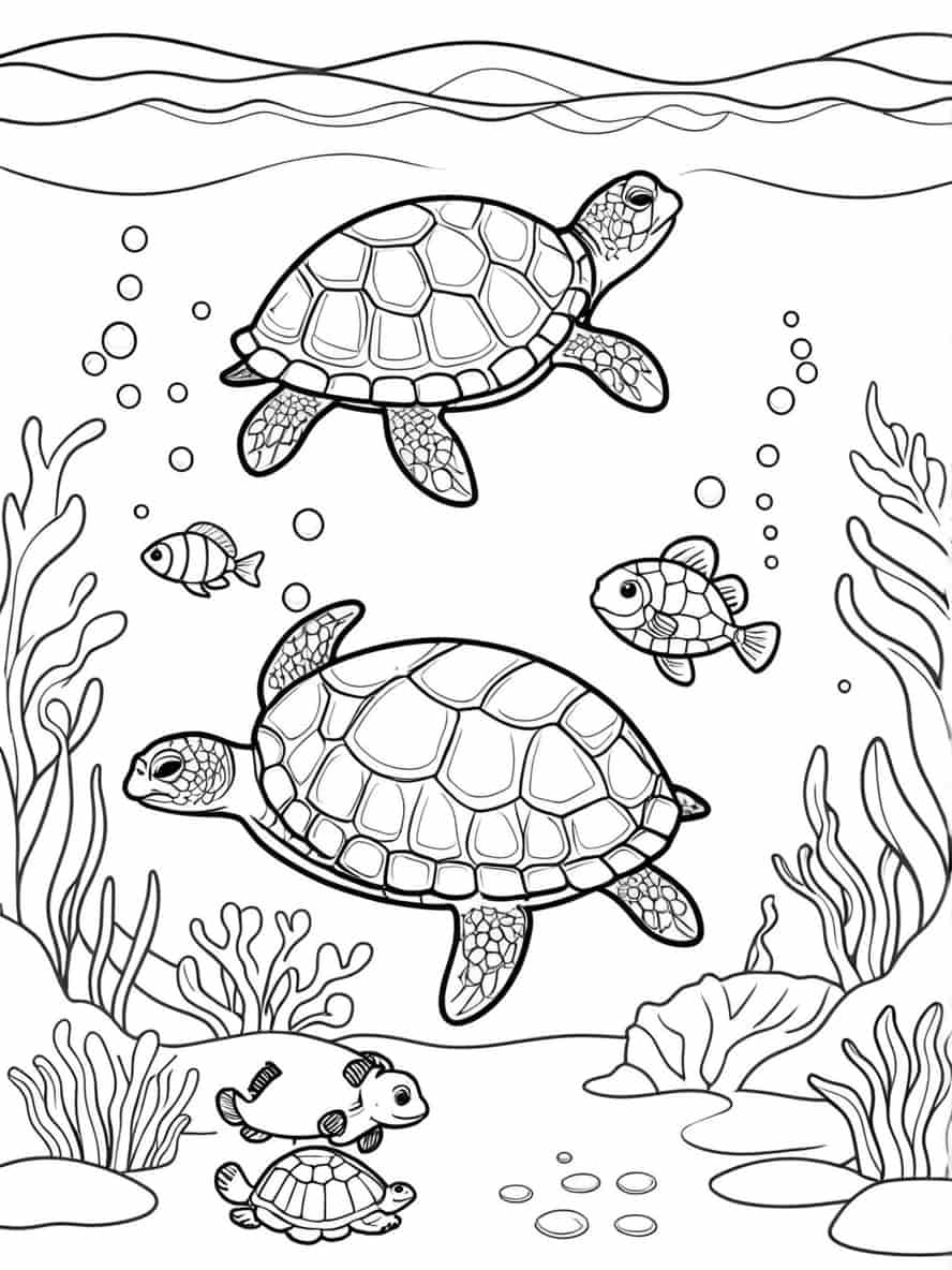 Fish And A Turtle Swimming Coloring Pages