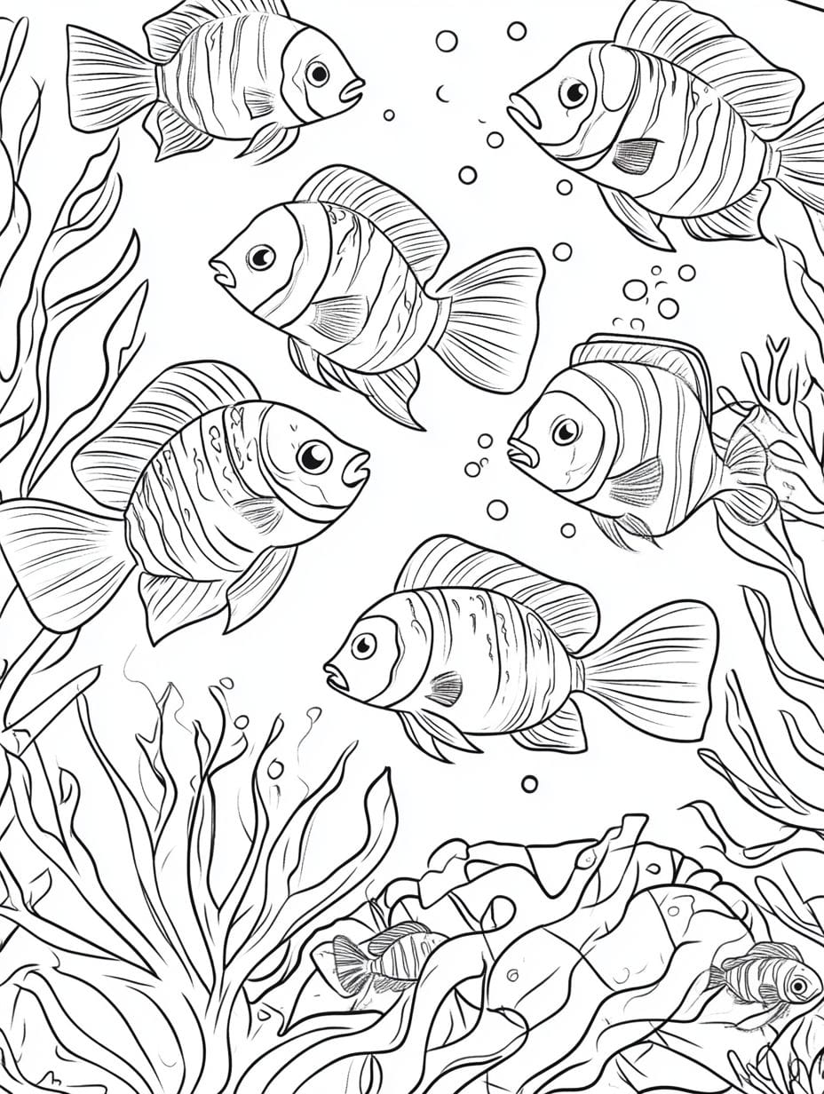 Fish Schooling In Ocean Coloring Pages