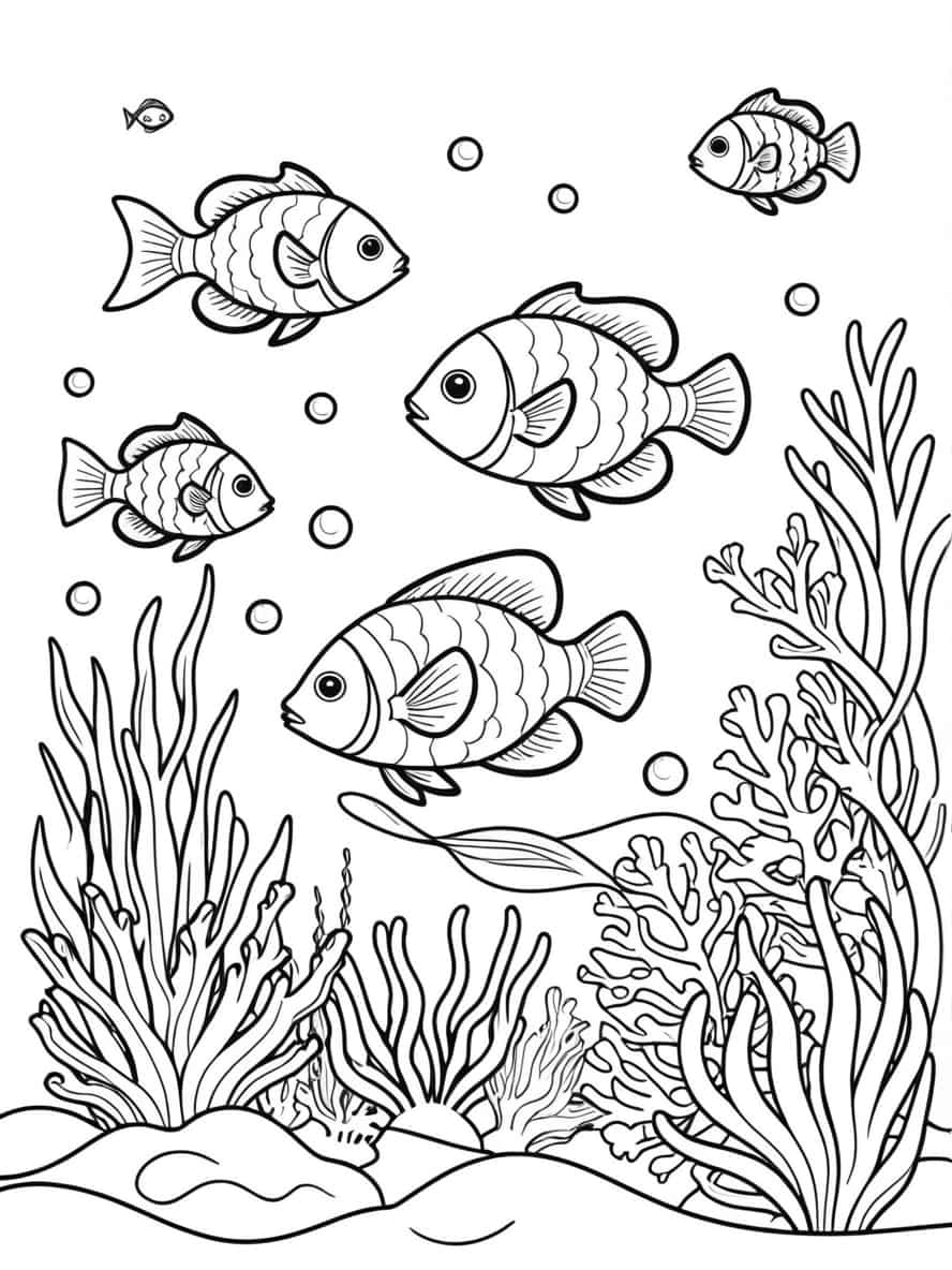 Fish Swimming Among Underwater Coloring Pages