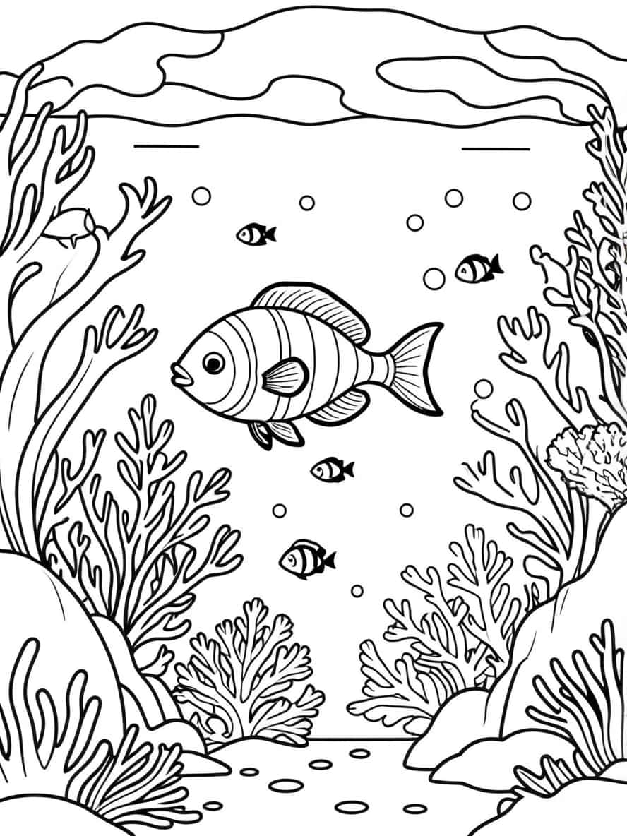 Fish Swimming Among Underwater Plants And Corals Coloring Pages