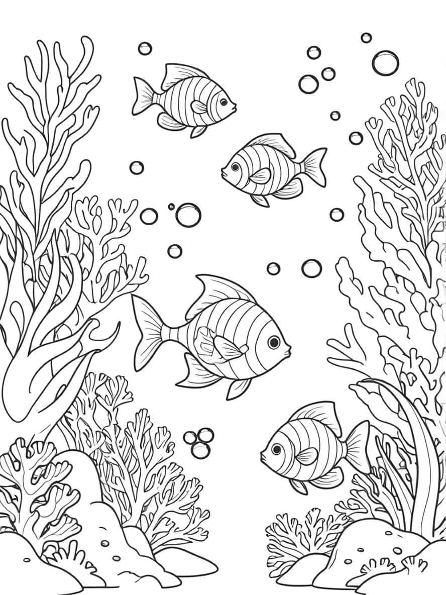 Fish Swimming Among Underwater Plants Coloring Pages