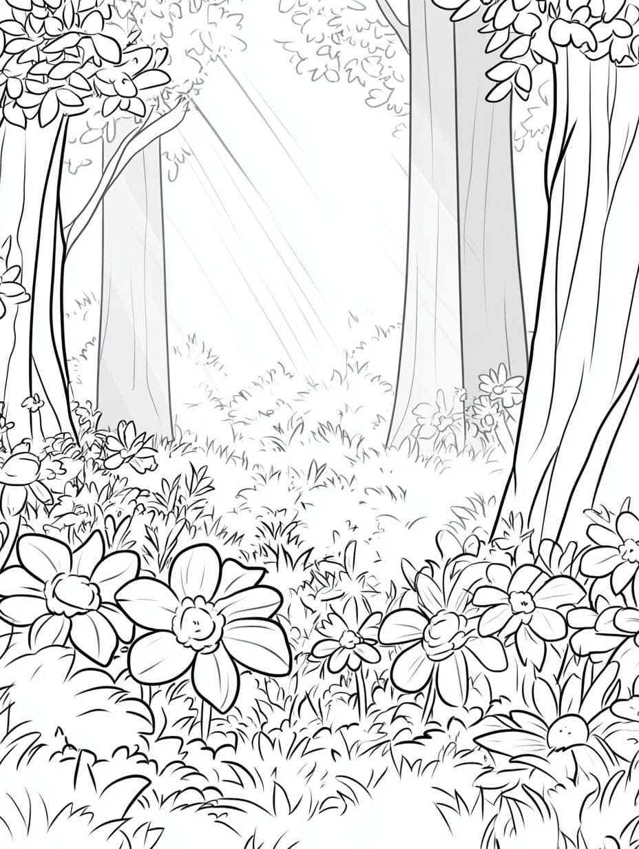 Flowers Blooming In The Forest Coloring Pages