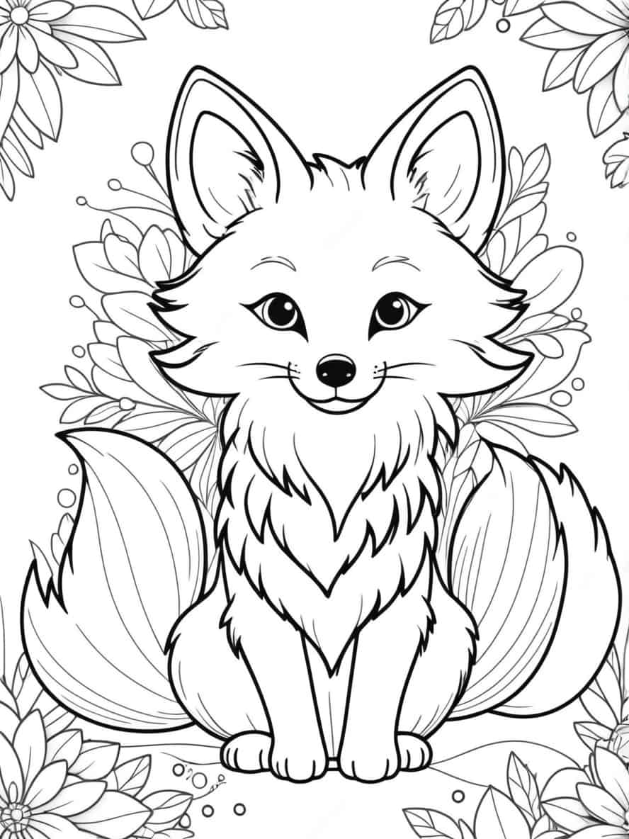 Fluffy Fox With Petals Coloring Pages