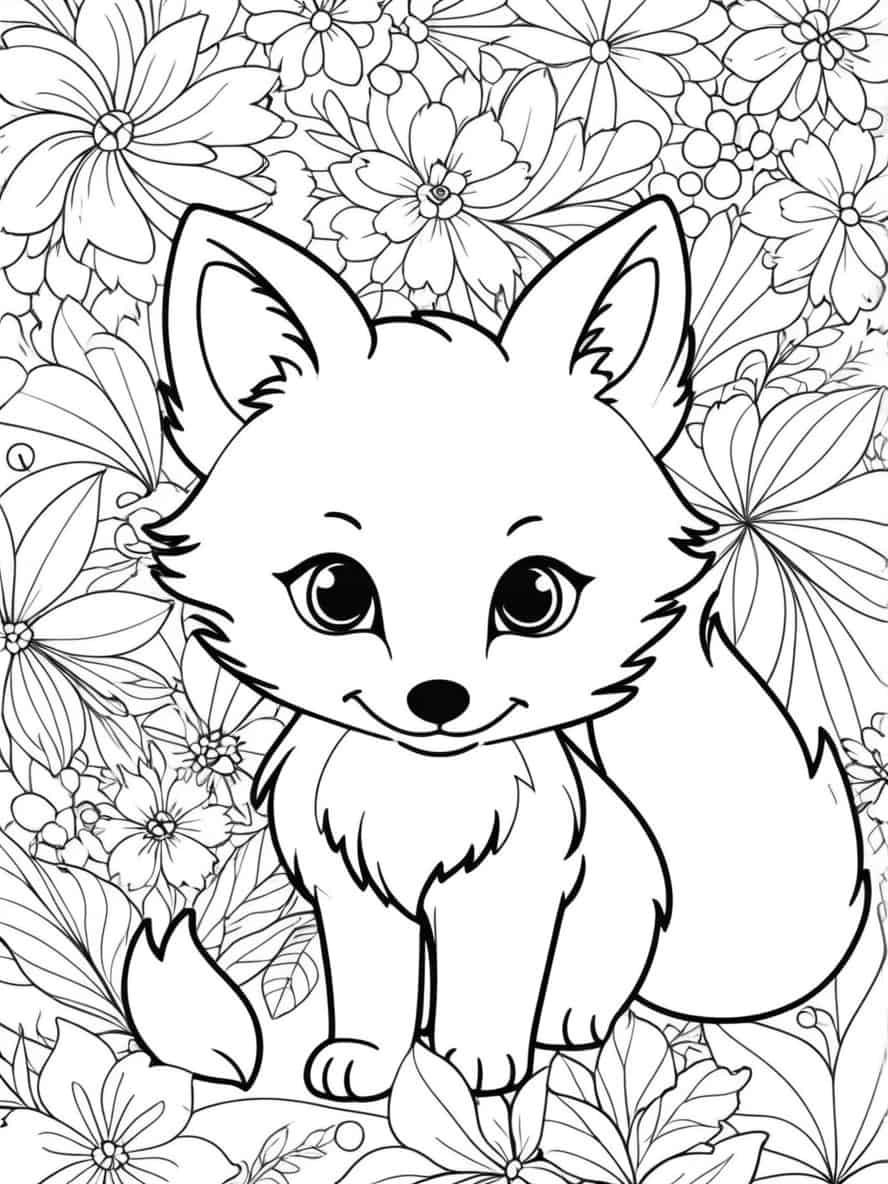 Fluffy Fox With Petals In Background Coloring Pages