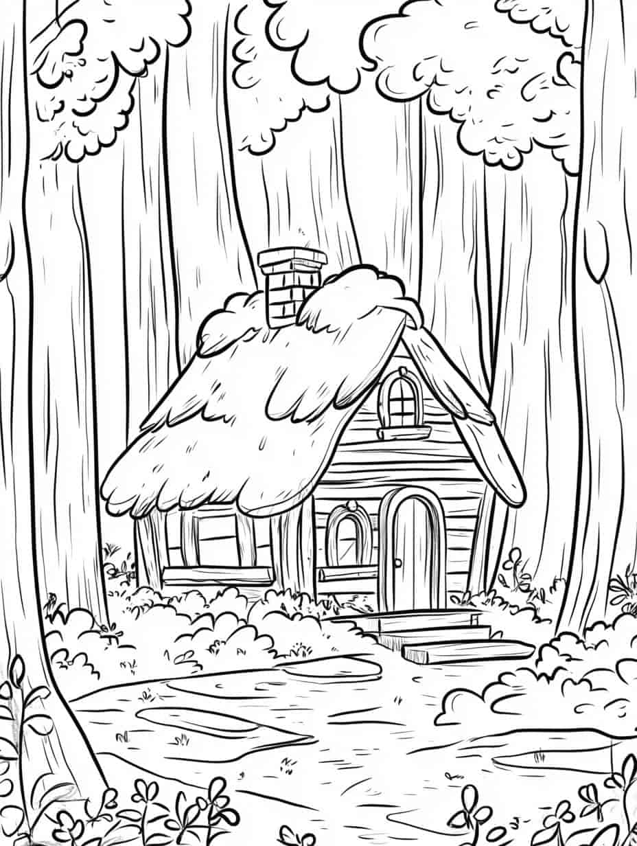 Forest Cabin In Winter Coloring Pages