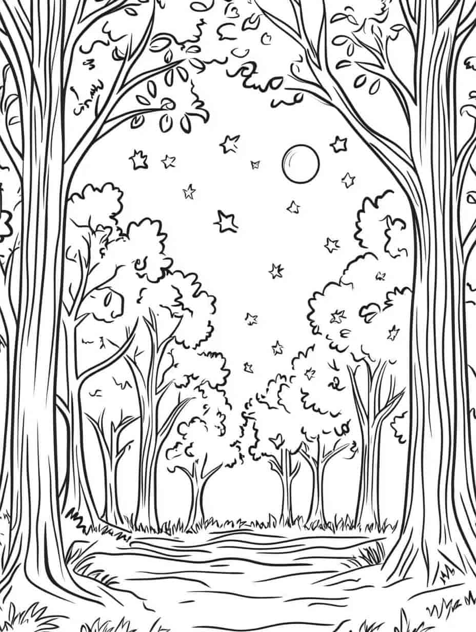 Forest Night Sky Coloring Pages