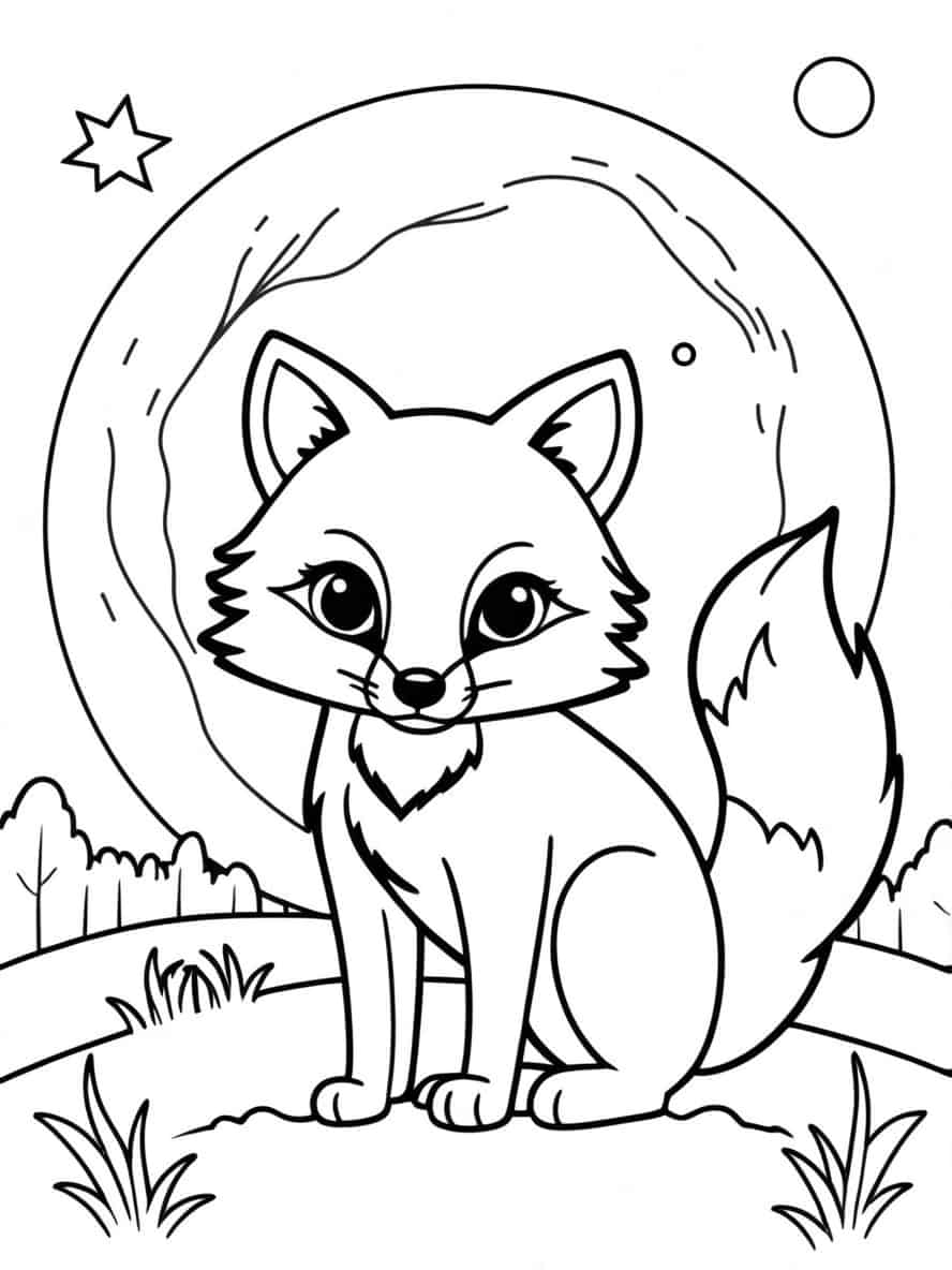 Fox At Moon Coloring Pages